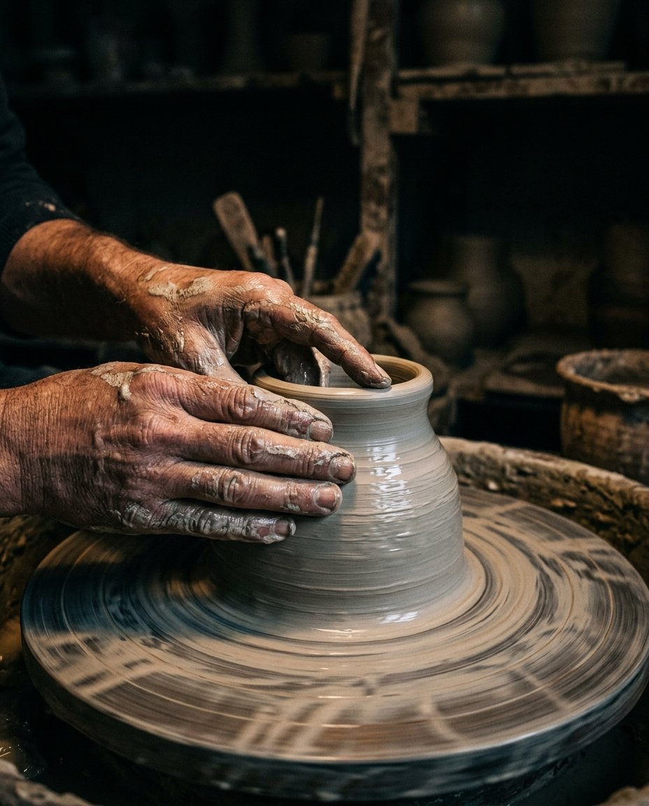 Chinese ceramic artisan shaping clay