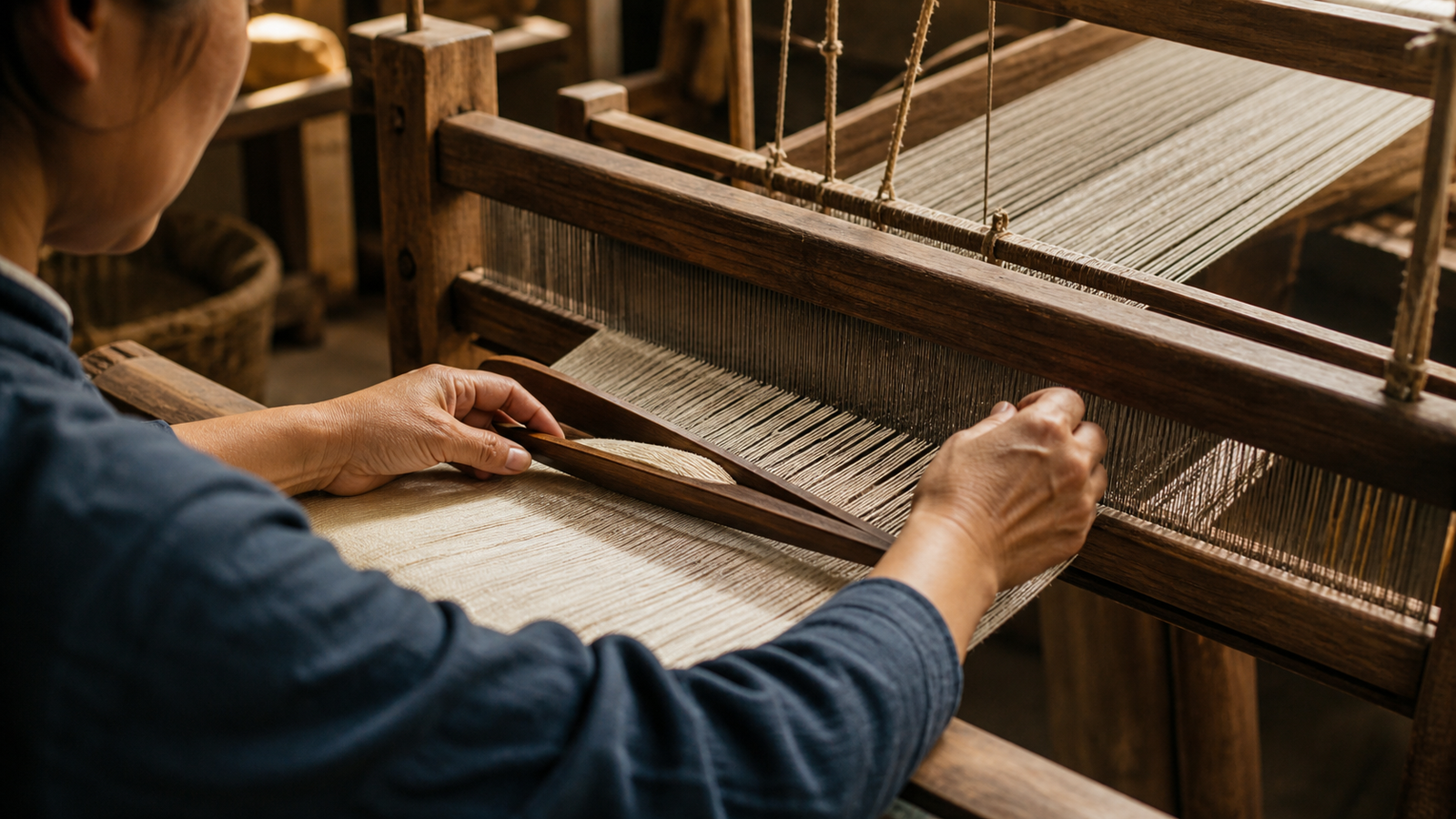Hands working at a traditional Chinese silk loom